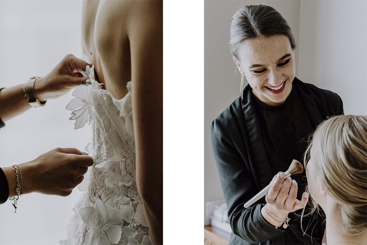Braut wird im Andaz Vienna Hotelzimmer geschminkt und das Brautkleid angezogen by Kamerakinder Weddings