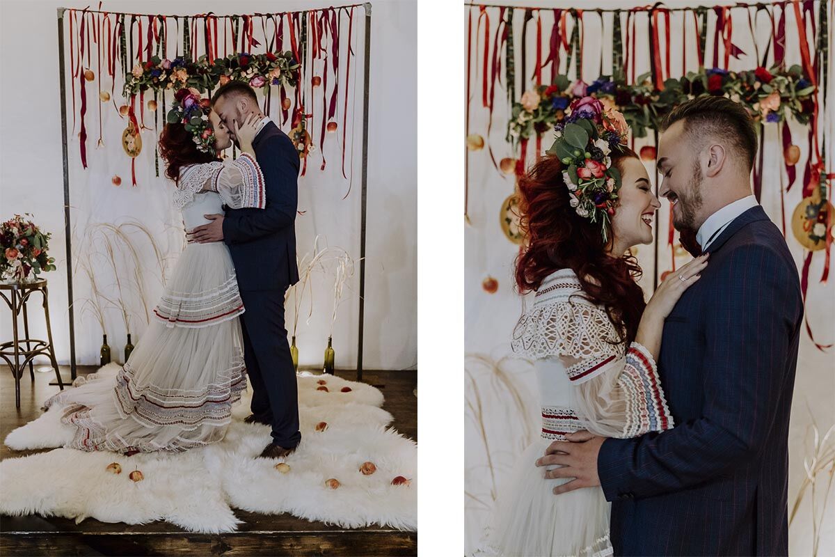 Hochzeitsinspiration Trauung im Lena Hoschek Brautkleid mit bohemian Trauungen und freie Traurednerin im Laufke in Graz